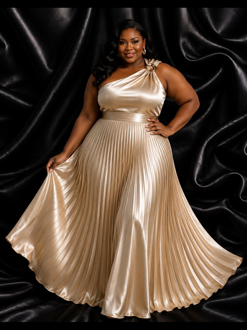 One-Shoulder Gold Pleated Evening Dress